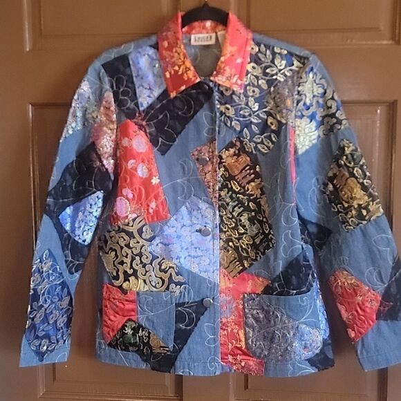 Chico's-Denim patched jacket with red & royal colors, buttoned down front S=6 . - Picture 4 of 10